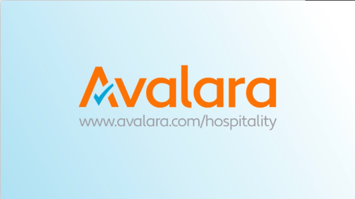 Avalara Hospitality logo in orange text on a light blue gradient background with the URL www.avalara.com/hospitality below the logo.