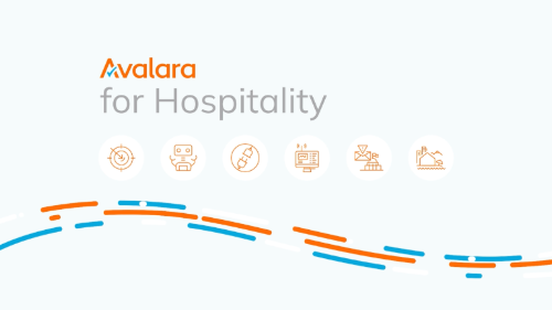 Avalara for Hospitality US promotional image featuring the Avalara logo, the text 'for Hospitality,' and industry-related icons with orange and blue graphic accents.