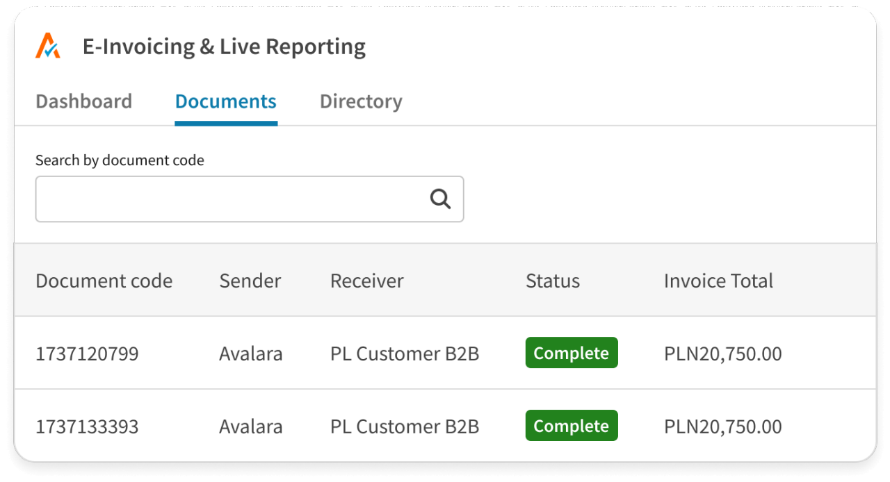 E-Invoicing and Live Reporting interface showing a document list with details like document code, sender, receiver, status marked as "Complete," and invoice totals in PLN currency.
