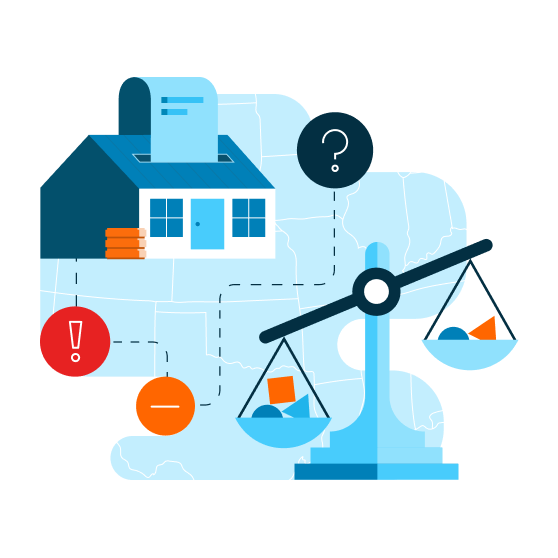 Illustration of a house, a scale, and tax-related icons over a U.S. map, symbolizing tax compliance and business solutions.