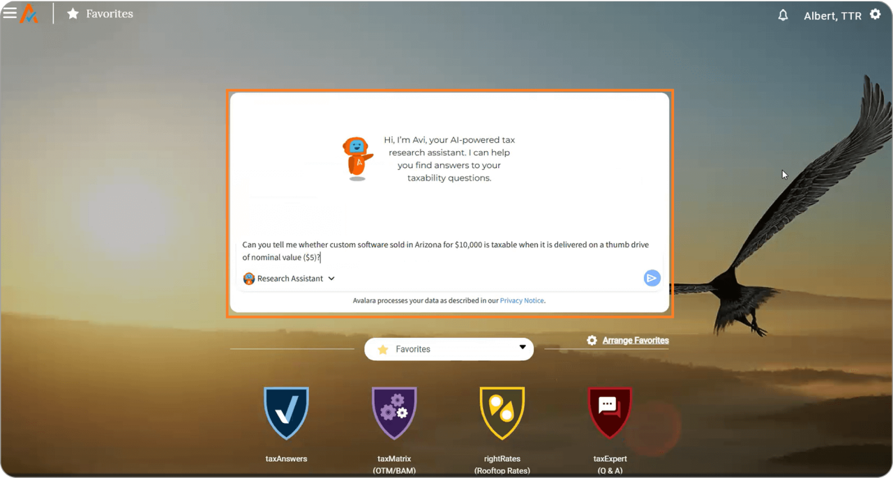 Alt-text: Avalara's AI-powered tax research assistant, Avi, displayed on a dashboard with tax-related tools and a sunset background featuring a flying eagle.