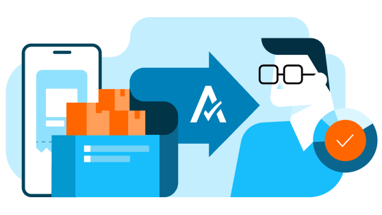 Illustration of a smartphone, shipping boxes, and a person connected by an arrow with the Avalara logo, symbolizing streamlined tax compliance for businesses.