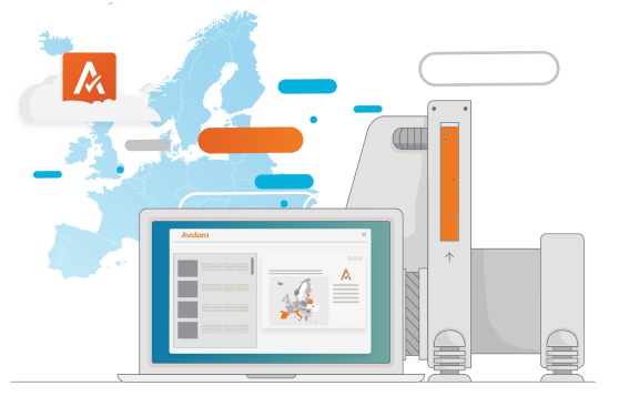 Illustration of a laptop displaying Avalara tax software with a map of Europe in the background and a cloud icon featuring the Avalara logo.