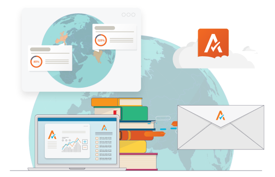 Illustration of Avalara's tax software ecosystem featuring a globe, cloud icon, laptop with tax analytics, books, and an envelope.
