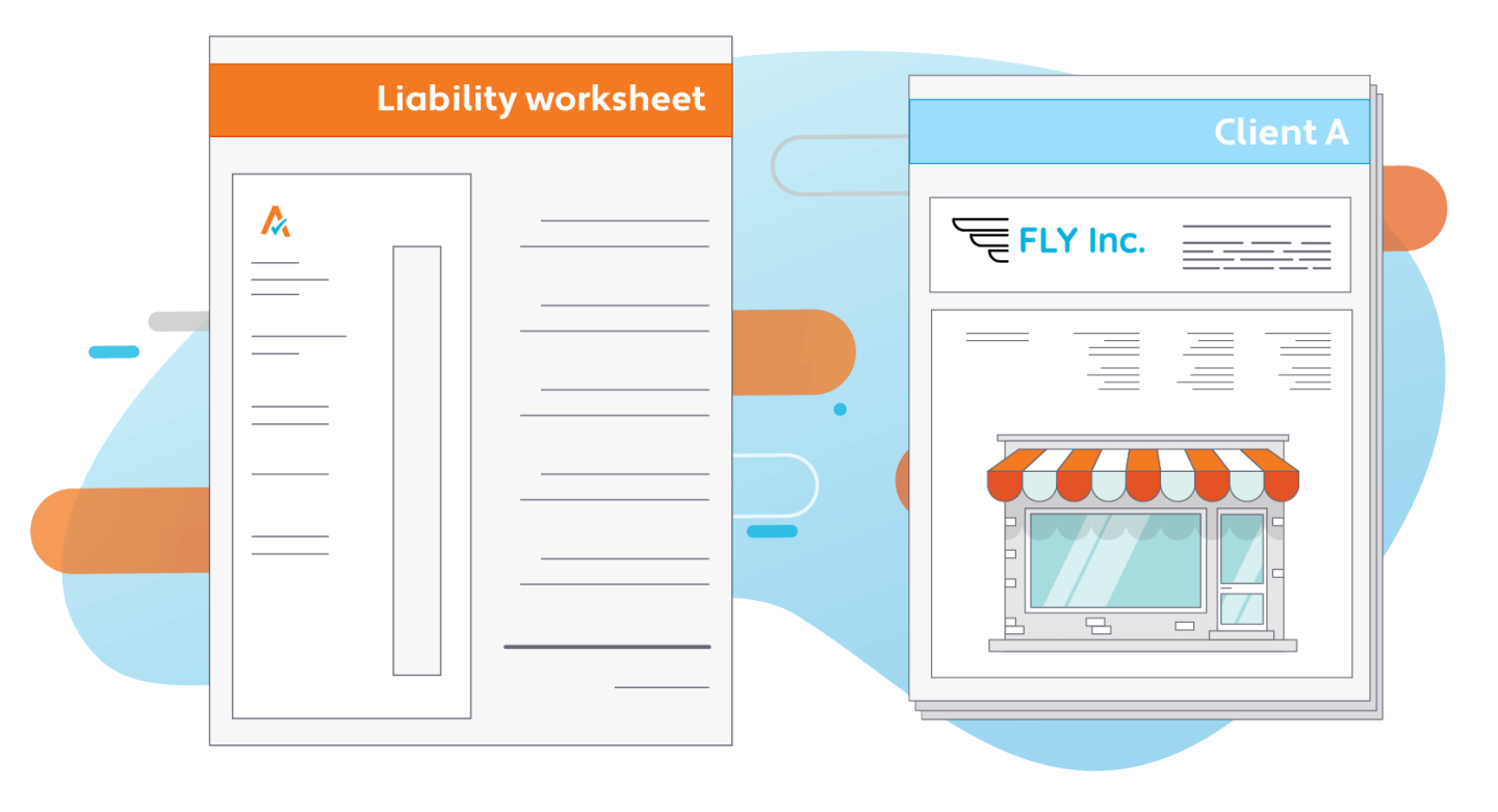 Illustration of a liability worksheet and a client document for "FLY Inc." featuring a storefront graphic, representing business tax documentation.