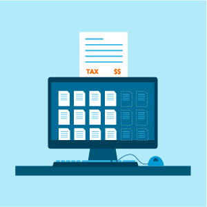 Computer screen displaying organized digital documents with a tax form labeled "TAX $$" emerging from the top.