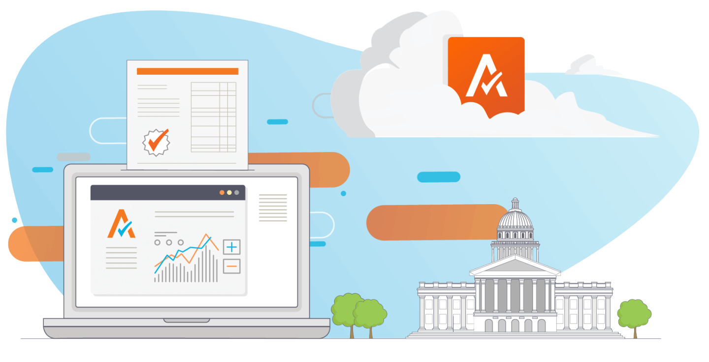 Illustration of a laptop displaying tax analytics, a document, a government building, and a cloud with the Avalara logo.