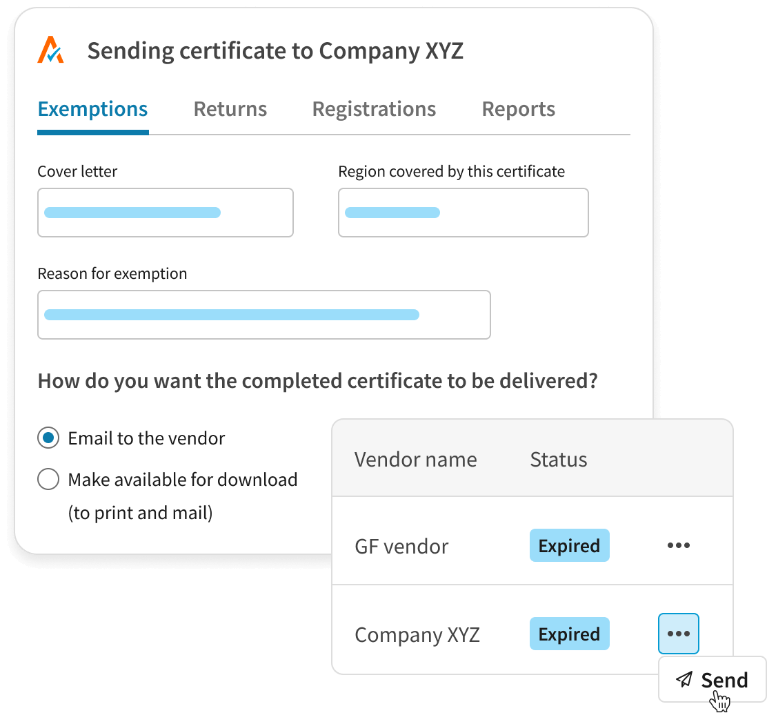 "User interface for sending a tax exemption certificate to Company XYZ, showing options to email the certificate or make it available for download, with a status table indicating expired certificates for vendors."