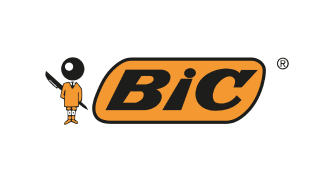 BIC logo featuring a stylized figure holding a pen next to the brand name in bold black letters on an orange background.
