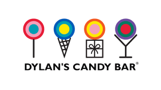 Logo of Dylan's Candy Bar featuring colorful candy-themed icons including a lollipop, ice cream cone, gift box, and martini glass.
