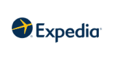 Expedia logo featuring a yellow airplane icon within a blue circle.
