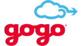 Logo of Gogo featuring a red text and a blue cloud with an arrow.