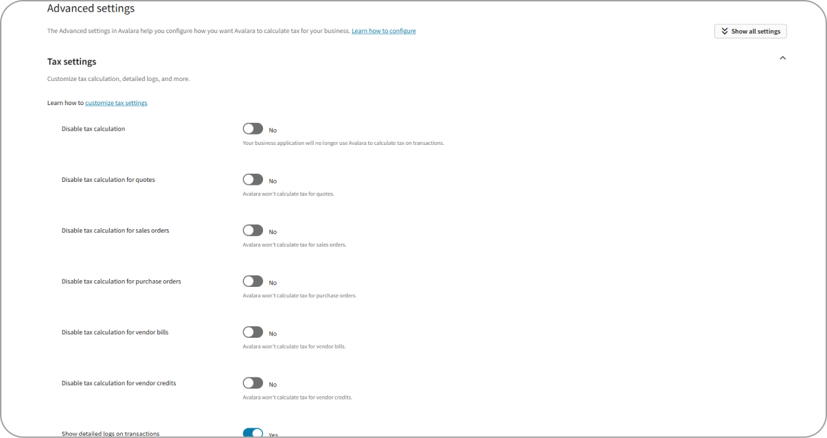 Advanced Settings Suitetax