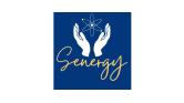 "Logo with two white hands holding an atom symbol above the word 'Synergy' in cursive on a blue background."